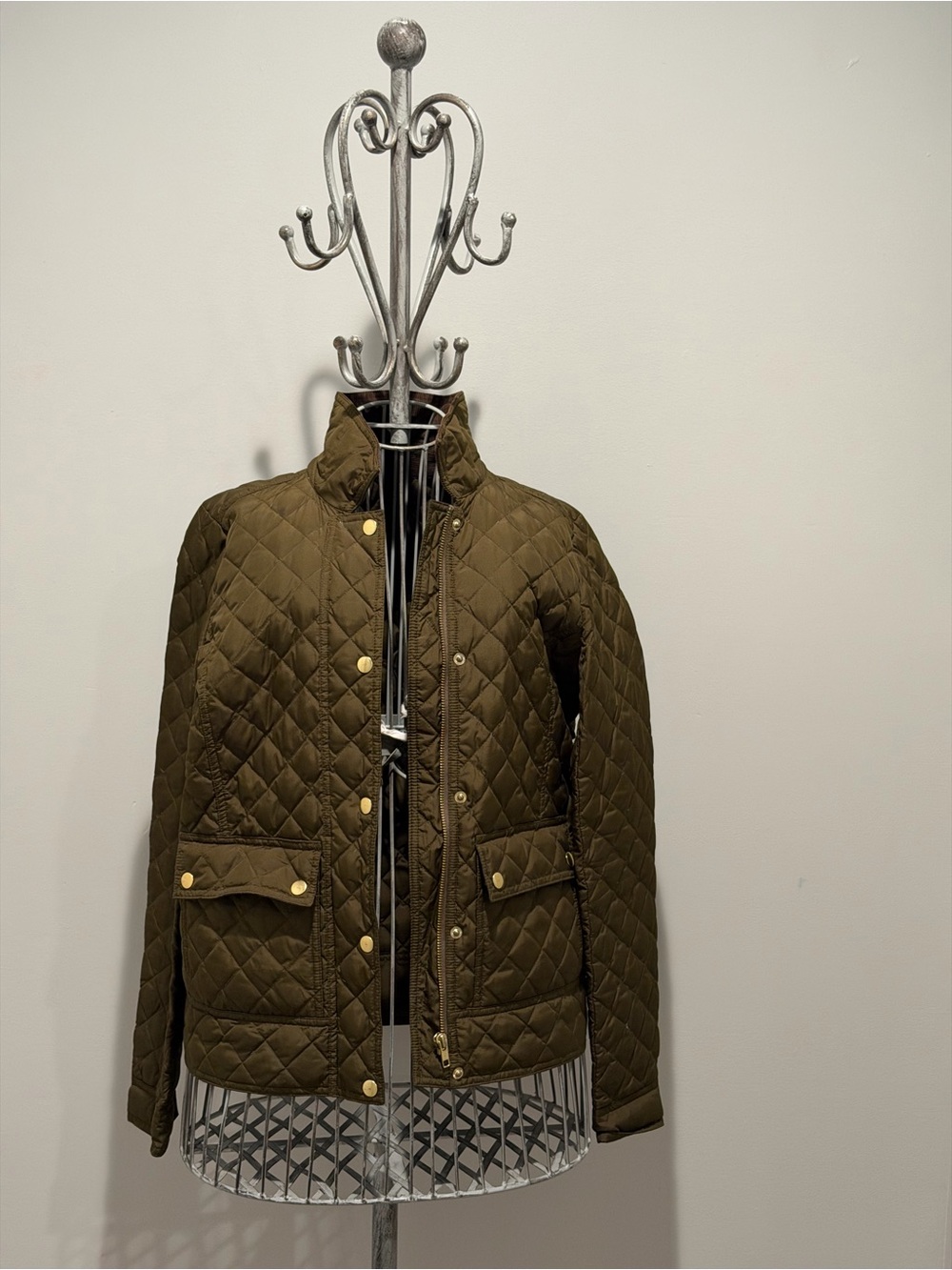 J. Crew Quilted Olive Green Puffer Jacket with Gold-Tone Snaps